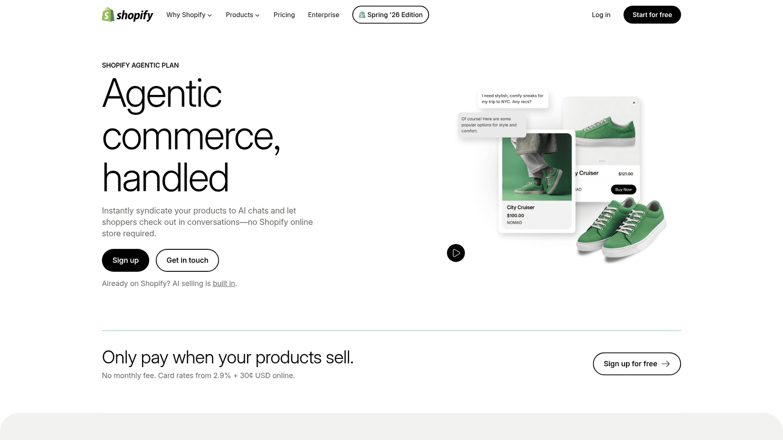 Screenshot of the Shopify Agentic Storefronts website.
