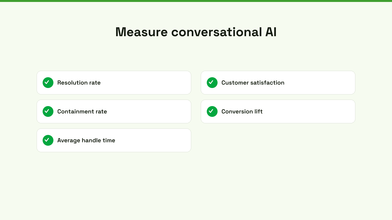 A diagram outlining five key metrics for measuring Conversational AI success, including satisfaction and resolution rates.