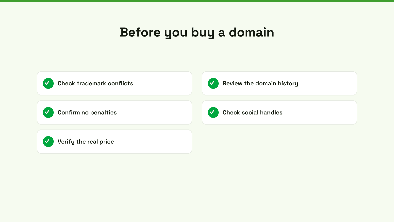 A five-point due diligence checklist graphic for businesses to follow before buying a new domain name.