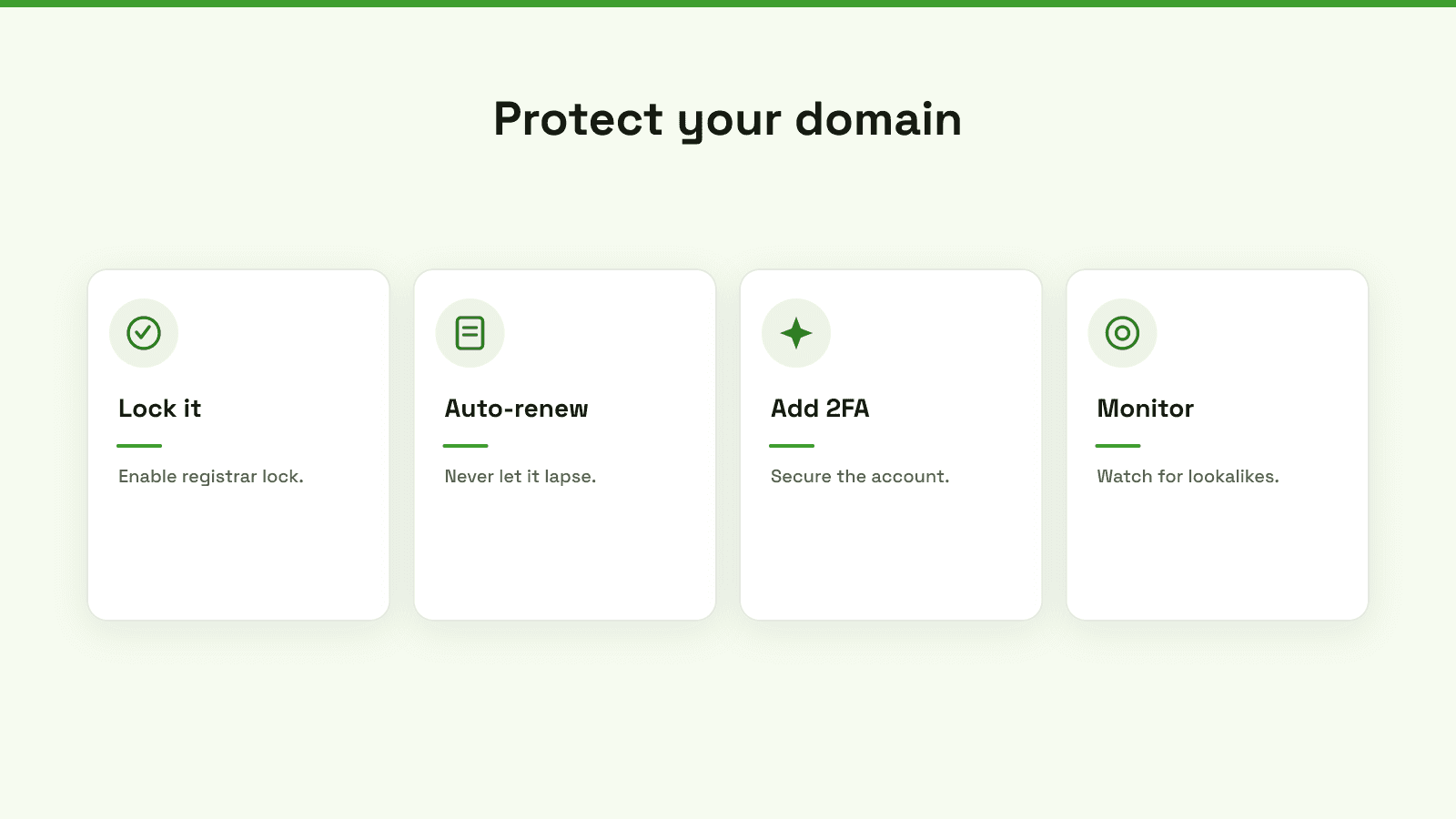 An infographic detailing four crucial strategies for improving domain security and protecting digital brand identity.