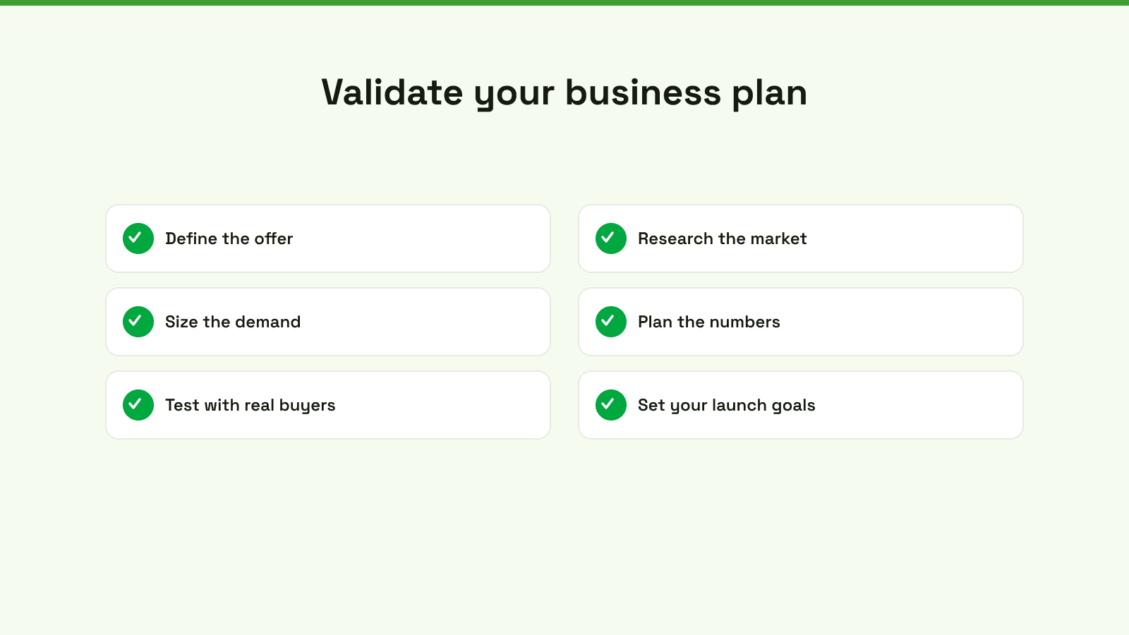 A flowchart diagram illustrating the six steps to create a validated business plan for new entrepreneurs.