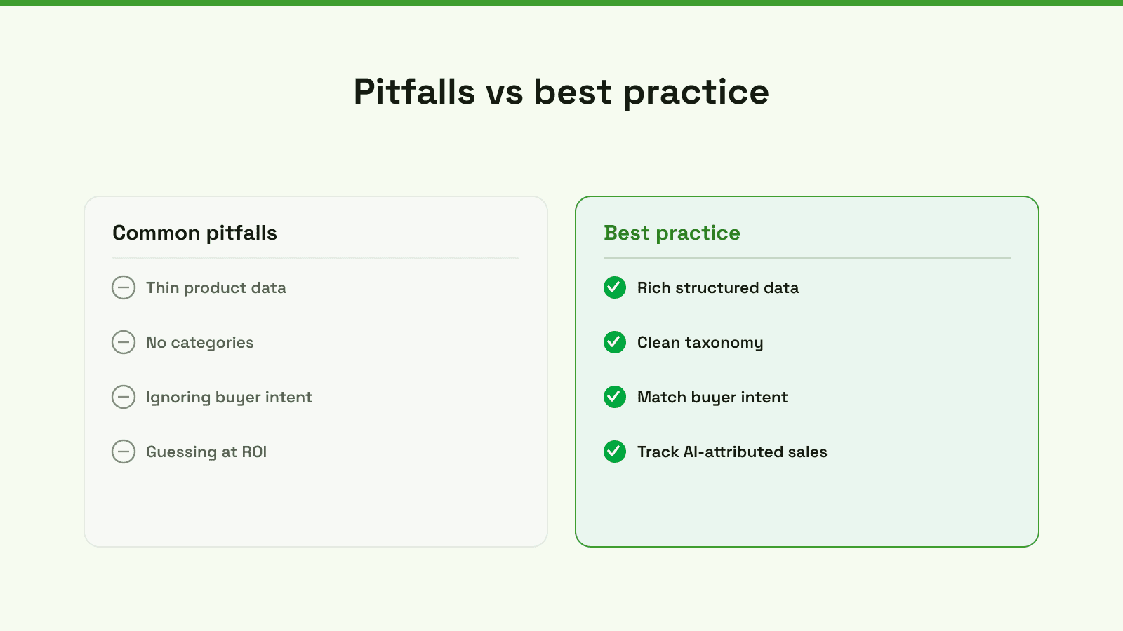 An infographic showing common pitfalls and best practices for optimizing AI product recommendations for businesses.