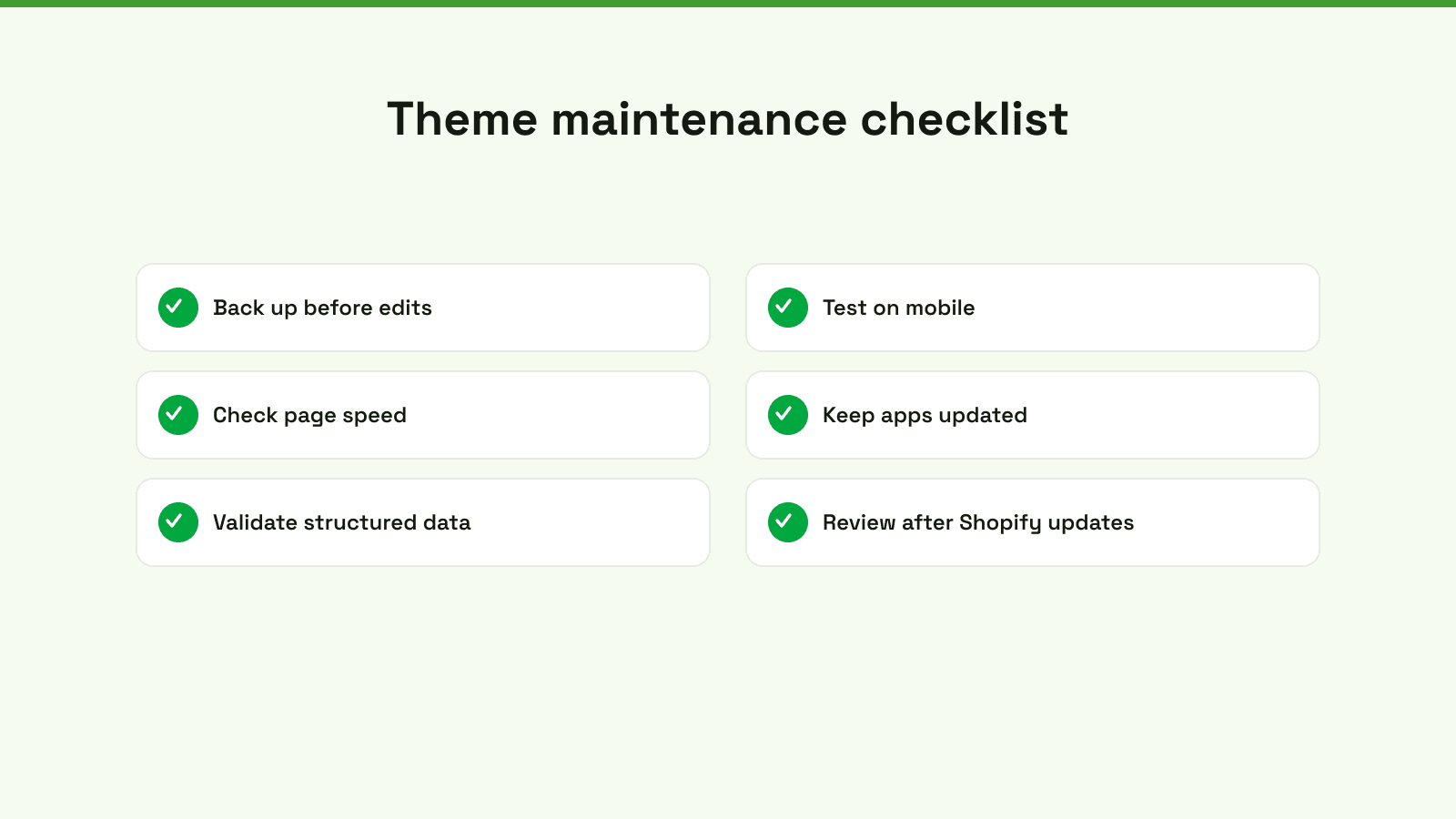A checklist infographic titled Long-Term Custom Theme Maintenance Checklist for maintaining a Shopify website.