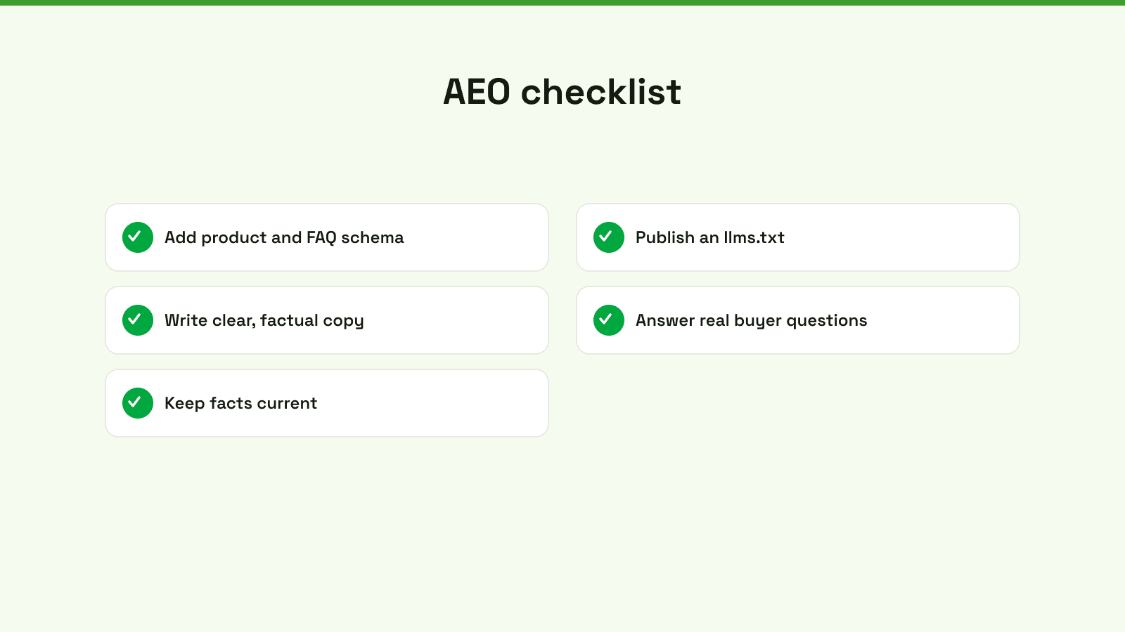 A checklist of five essential steps to improve answer engine optimization for Shopify e-commerce websites.