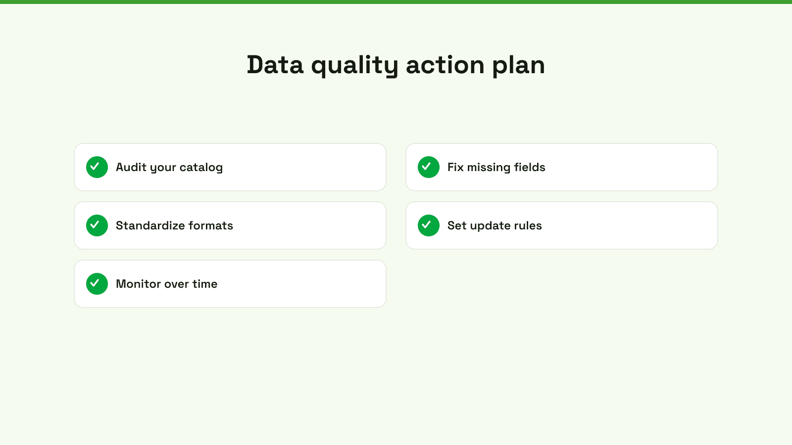 An infographic titled Shopify Data Quality Action Plan featuring five essential steps for maintaining accurate ecommerce data.